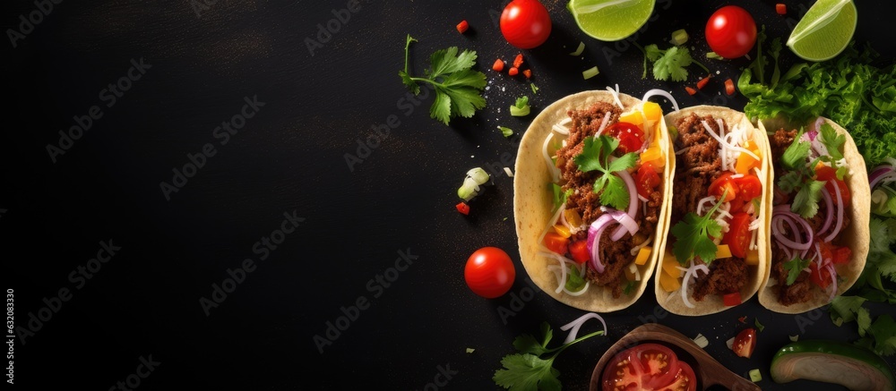Traditional Mexican tacos with meat and vegetables. The background is black and the view is from the top. empty space for copying. Traditional Mexican tacos with meat and vegetables. The background is black and the view is from the top. empty space for copying.