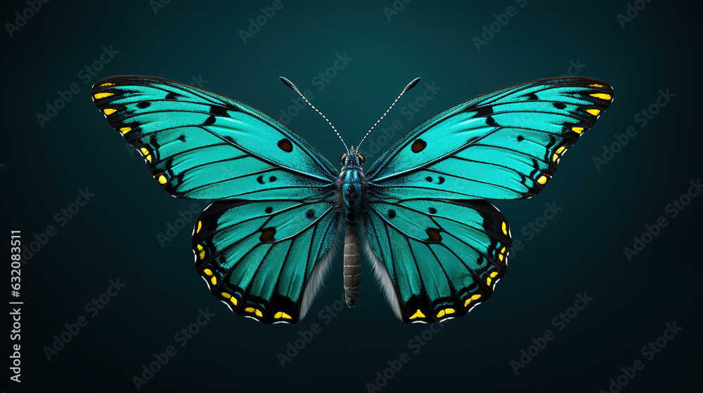 Fototapeta premium Colorful butterfly in studio lighting with wings spread, vibrant blue colors, macro generative ai shot