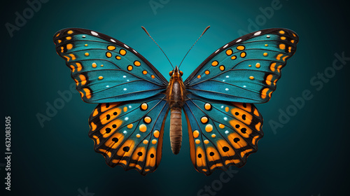 Colorful butterfly in studio lighting with wings spread, vibrant blue and orange colors, macro generative ai shot