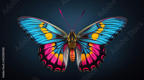 Colorful butterfly in studio lighting with wings spread, vibrant blue, pink and yellow colors, macro generative ai shot