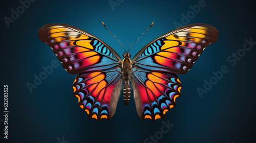 Colorful butterfly in studio lighting with wings spread, vibrant colors, macro generative ai shot