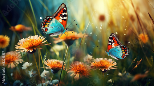 Two butterflies on orange flowers, close-up shot, generative ai