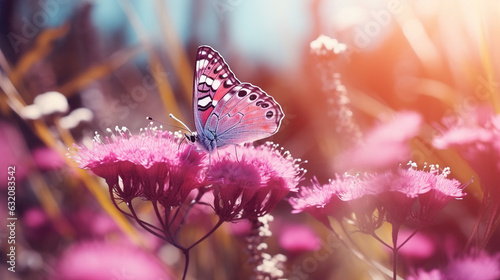 Pink butterfly on purple flowers, close-up shot with lens flare, generative ai