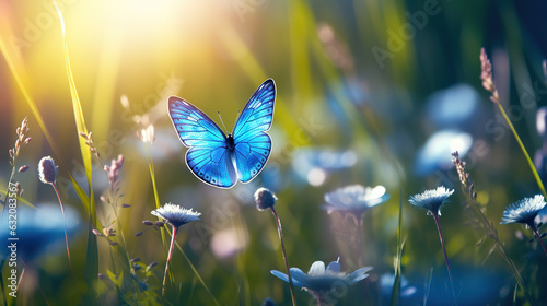 Blue butterfly flying above blue flowers, close-up shot with lens flare, generative ai