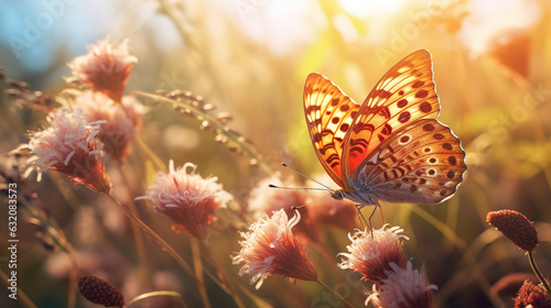 Butterfly on orange flowers, close-up shot with lens flare, generative ai