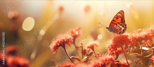 Butterfly on red flowers, close-up shot, generative ai
