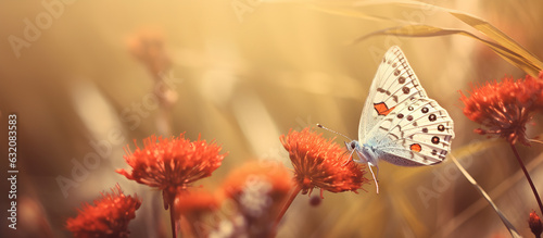 White butterfly on red flowers, close-up shot, generative ai
