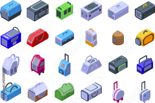 Pet carrier icons set isometric vector. Cat box. Cage carry