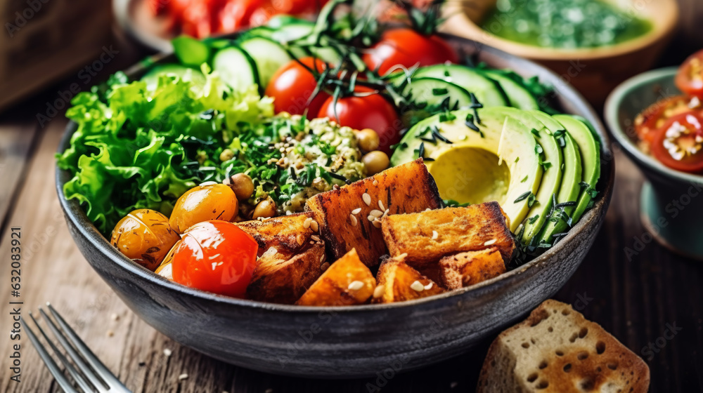 Healthy vegetarian Buddha bowl with fresh ingredients close up