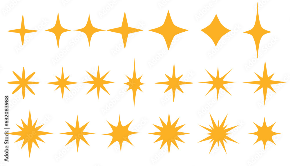 Stars set. Abstract yellow sparkles. Twinkling stars, shining burst. Christmas vector symbols isolated on white background Stars set. Abstract yellow sparkles. Twinkling stars, shining burst. Christmas vector symbols isolated on white background
