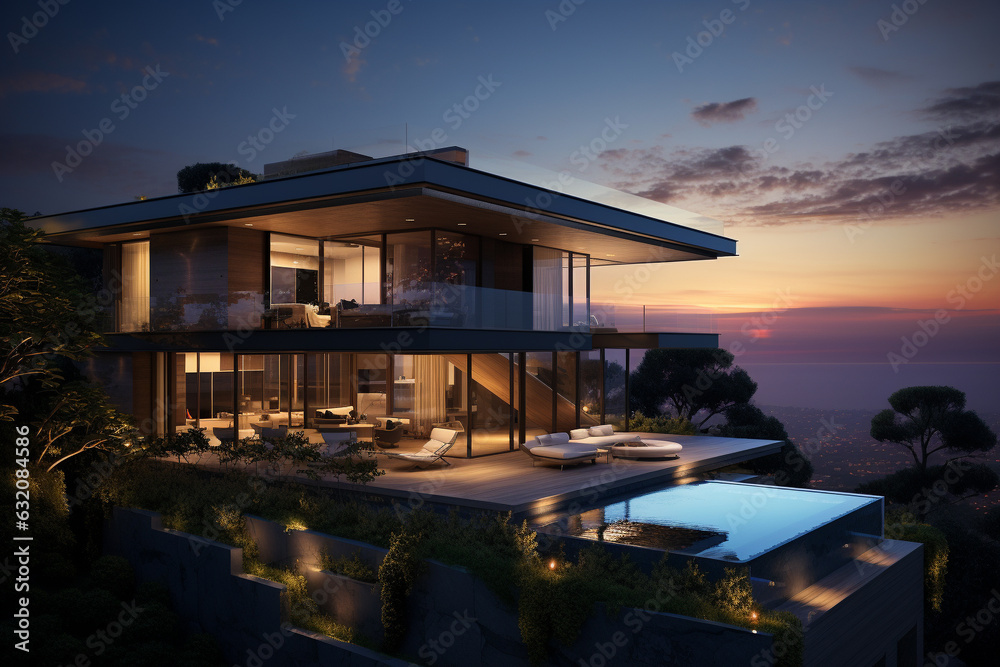 Fototapeta premium Photorealistic Architecture: Modern Masterpiece at Dusk. Generative AI