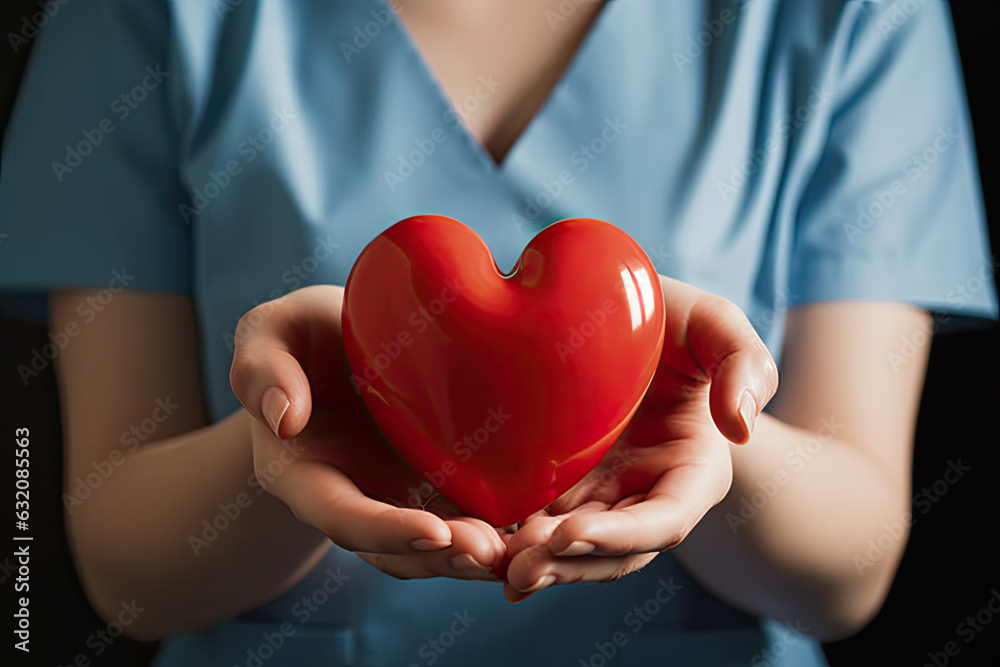 Close-up of a red heart in the hands of a woman doctor Close-up of a red heart in the hands of a woman doctor