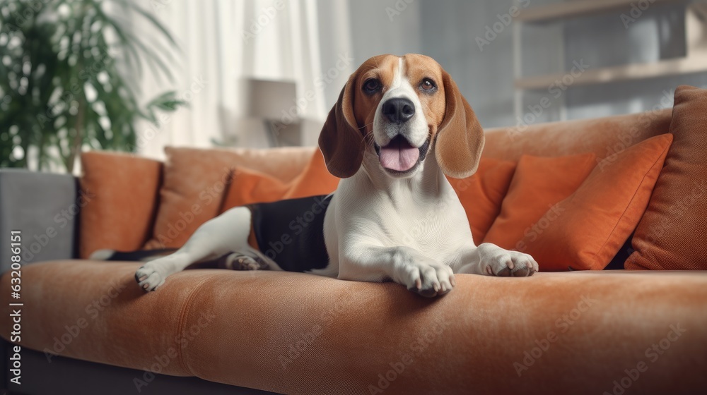 happy beagle dog is lying on a cozy sofa in a modern living room