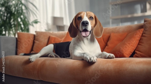 happy beagle dog is lying on a cozy sofa in a modern living room © Flowal93