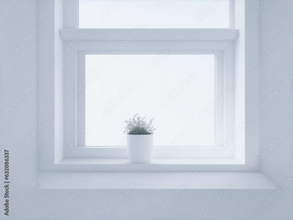 Front view, windows and vases inside white house. generative ai Front view, windows and vases inside white house. generative ai