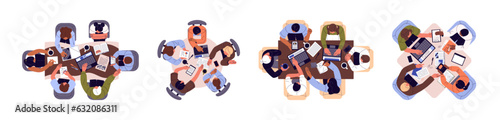 Office table top view set. People build business, study to teamwork, discuss report, sitting around desk together. Brainstorming, communication in groups. Flat isolated vector illustration on white