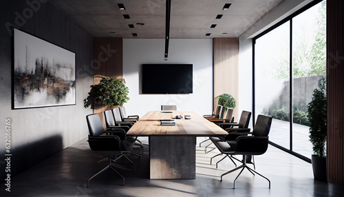  Interior of modern meeting room with white walls, concrete floor and wooden conference table, Ai generated image