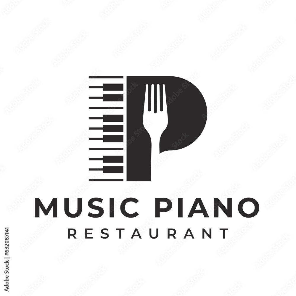 Letter P Logo piano instrument or playing music. with a fork kitchen utensil. two black variations on an isolated white background. applies to restaurant logo applications Letter P Logo piano instrument or playing music. with a fork kitchen utensil. two black variations on an isolated white background. applies to restaurant logo applications