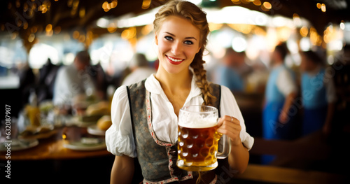 Oktoberfest waitress, wearing a traditional Bavarian dress, serving beers. German traditional festival. Shallow field of view