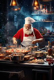 Santa Claus in a chef's uniform, cooking chrismast cookies