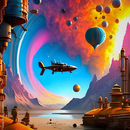 landscape with a battleship with hot ballons