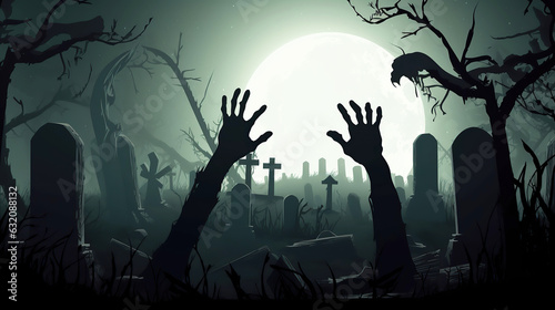 Halloween holiday, zombie hand on cemetery.