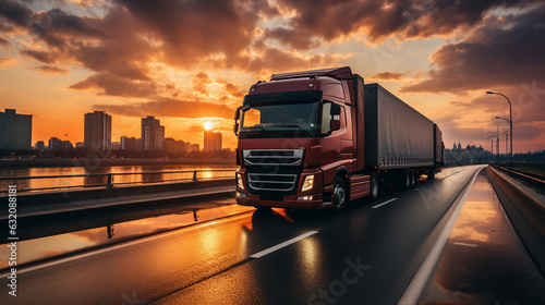 Highway scene with cargo trucks transporting goods