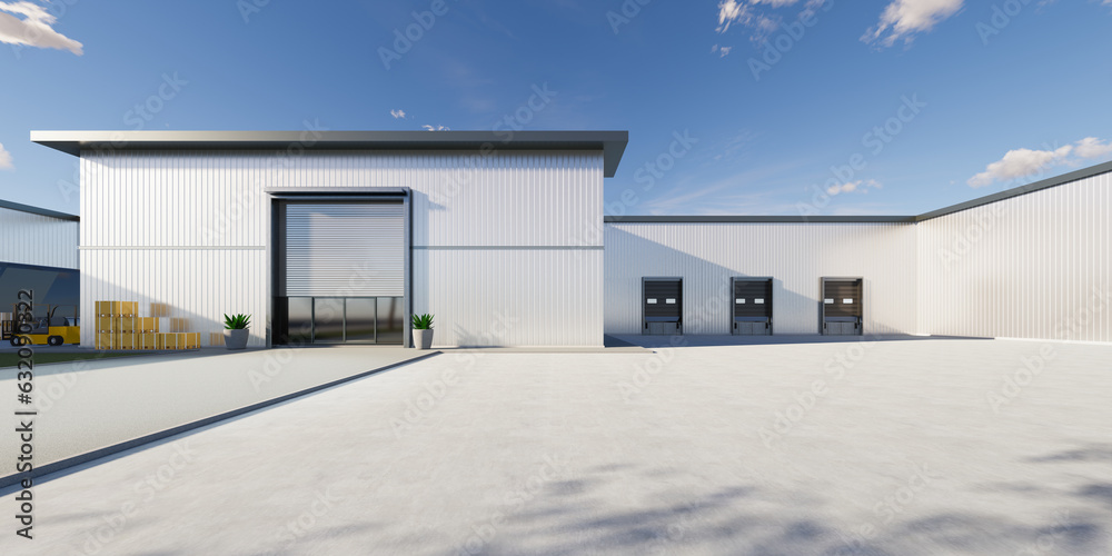 3d rendering of distribution center, warehouse exterior. Include roller shutter, truck, box, forklift and space on concrete floor for industrial background and concept of logistics, import export. 3d rendering of distribution center, warehouse exterior. Include roller shutter, truck, box, forklift and space on concrete floor for industrial background and concept of logistics, import export.