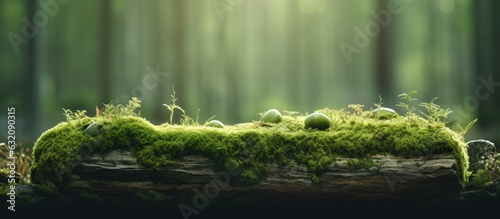 A panoramic website header featuring a stone covered in green moss in the forest, providing empty space for product placement and copy space for your design. It captures the essence of the natural