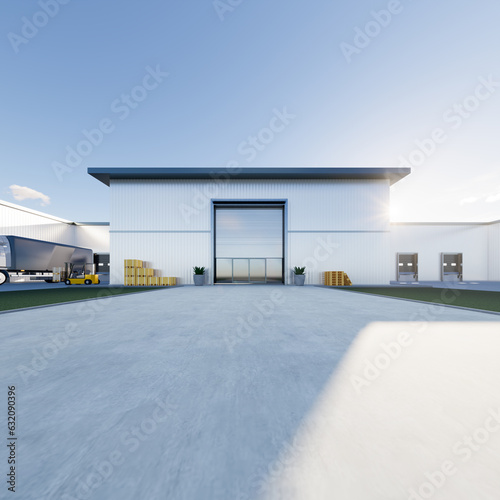 3d rendering of distribution center, warehouse exterior. Include  roller shutter, truck, box, forklift and space on concrete floor for industrial background and concept of logistics, import export. photo