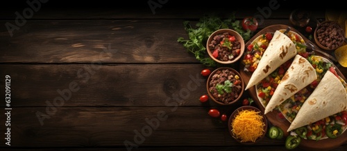 A dark wood background with a Mexican food side border, featuring tacos, burritos, quesadillas, and nachos. copy space available.