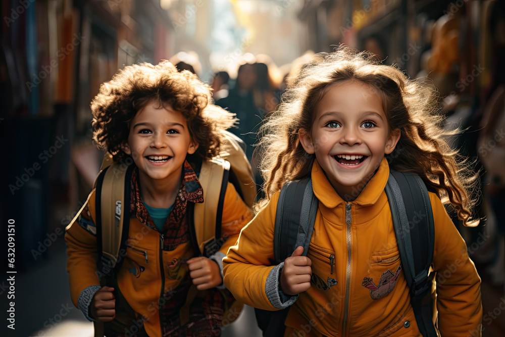 children boy and girl with backpacks going to school