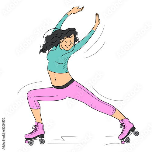 Female roller skater vector isolated. Beuatilful character in roller skating shoes. Happy girl, doodle style illustration. Active sports.