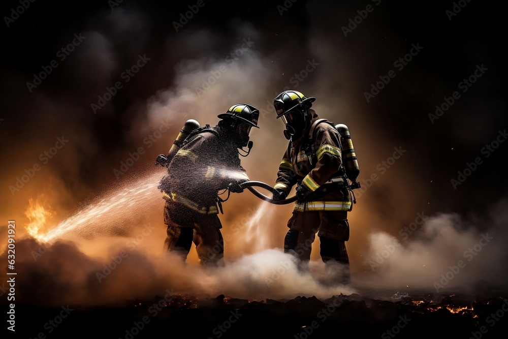 Firefighters Employ High-Pressure Nozzle in Action. Generative AI