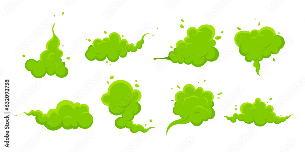 Smelling green cartoon smoke or fart clouds flat style design vector illustration set. Bad stink or toxic aroma cartoon smoke cloud isolated on white background. Smelling green cartoon smoke or fart clouds flat style design vector illustration set. Bad stink or toxic aroma cartoon smoke cloud isolated on white background.
