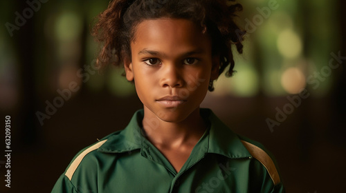An Indigenous Australian Aboriginal teenage boy wearing a green jacket with yellow shoulders