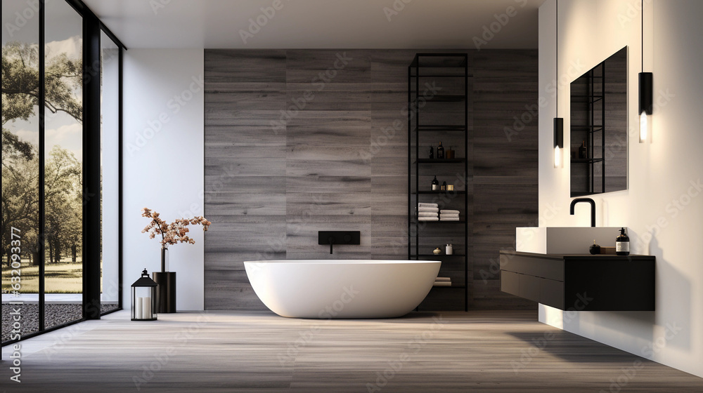 A sleek and modern bathroom with a minimalist white vanity and sleek black fixtures, featuring a large shower and luxurious freestanding bathtub A sleek and modern bathroom with a minimalist white vanity and sleek black fixtures, featuring a large shower and luxurious freestanding bathtub