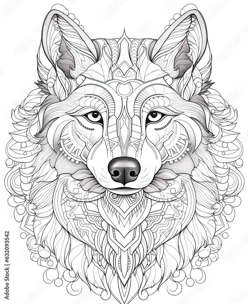 Fototapeta premium Mandala, black and white illustration for coloring animals, dog.