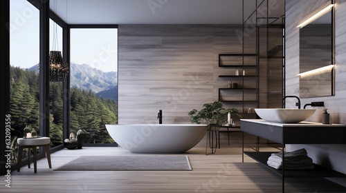 A sleek and modern bathroom with a minimalist white vanity and sleek black fixtures  featuring a large shower and luxurious freestanding bathtub