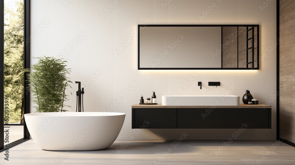 A sleek and modern bathroom with a minimalist white vanity and sleek black fixtures, featuring a large shower and luxurious freestanding bathtub