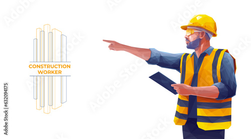 Construction Worker Man Wearing a Uniform, Glasses, and Yellow Safety Helmet. Builder in Hard Hat Holding Tablet and Pointing with a Finger. Isolated Polygonal Vector Illustration on White.