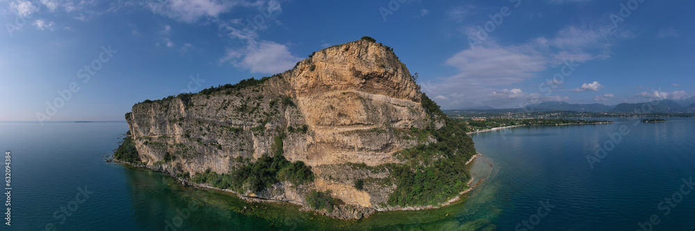 Aerial view of rocca di manerba, punta sasso lake garda. Aerial panorama on punta sasso. Panorama of rocca di manerba, punta sasso on lake garda italy.