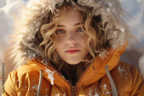 Happy woman lies on the snow. Pretty blond lady enjoys winter. Top view, close up Christmas portrait.