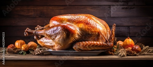 A Thanksgiving or Christmas turkey placed on a rustic wooden table.