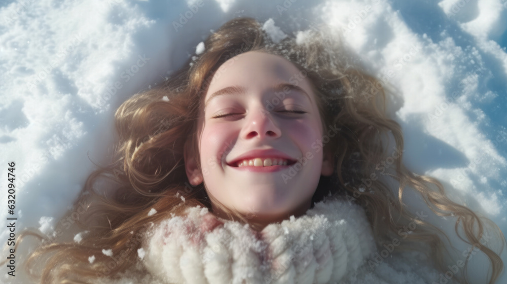 Happy woman lies on the snow. Pretty ginger lady enjoys winter. Top view, close up Christmas portrait. Happy woman lies on the snow. Pretty ginger lady enjoys winter. Top view, close up Christmas portrait.