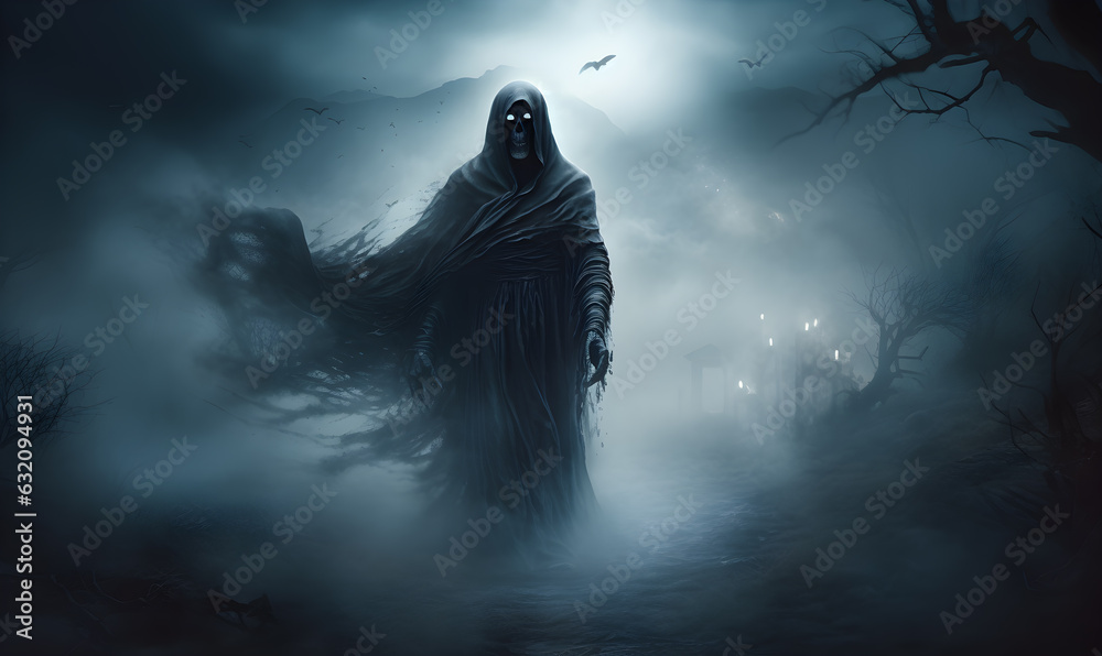 Grim Reaper Walking Through Cemetery at Night Generative ai Grim Reaper Walking Through Cemetery at Night Generative ai