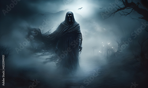 Grim Reaper Walking Through Cemetery at Night Generative ai 