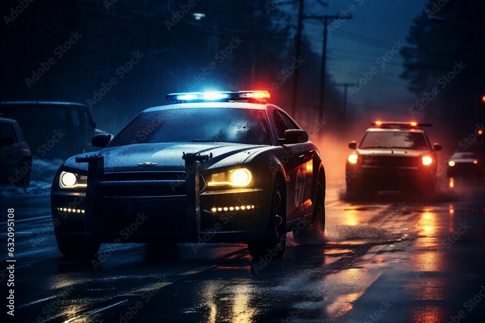 Police Patrol Cars and Flashing Lights. Generative AI