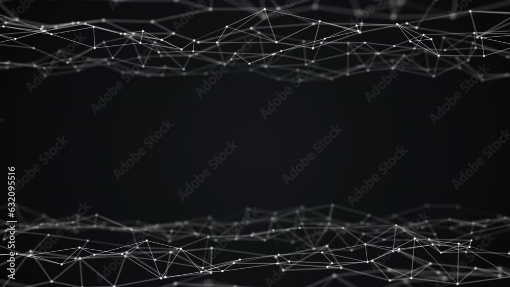 Abstract 3D animated background motion transformation white dots lines in plexus grid on black background top and bottom border, future innovation digital network, 4K loop slow motion live wallpaper