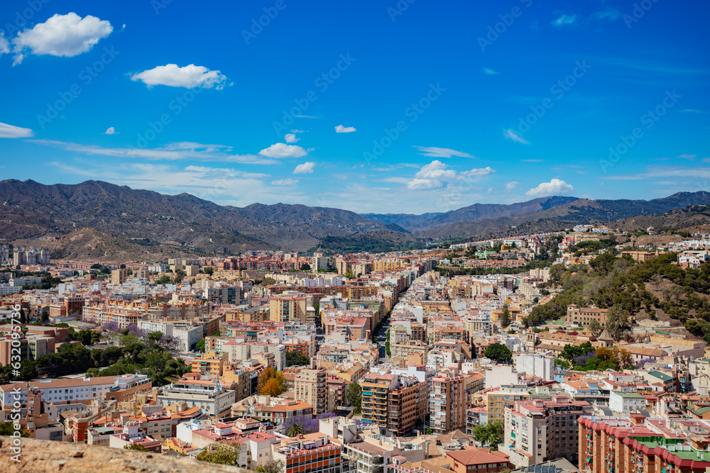 General panorama of old Malaga downtown toward mountain view